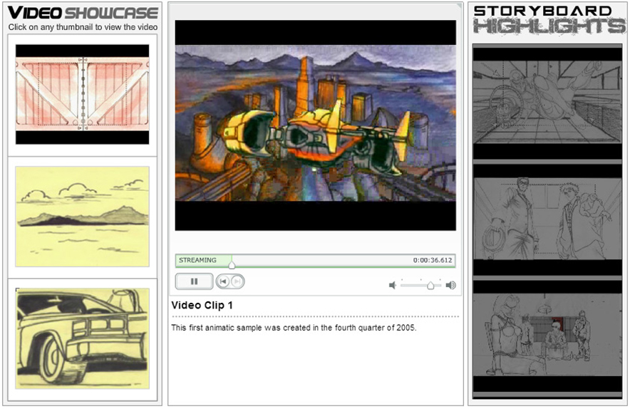 Storyboard panels arranged as an animatic portfolio