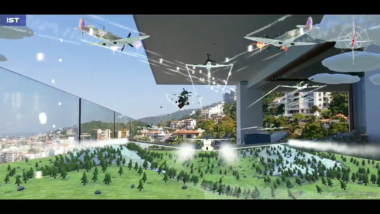 World War II aircraft appearing in an outdoor augmented-reality scene